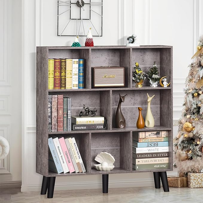 LEYAOYAO 8 Cube Bookshelf,Farmhouse Bookcase with Legs,Modern Dirty Grey Mid-Century Bookshelves,Large 3 Tier Open Storage Organizer Shelf, Retro Wood Display Book Case - LeafyLoom