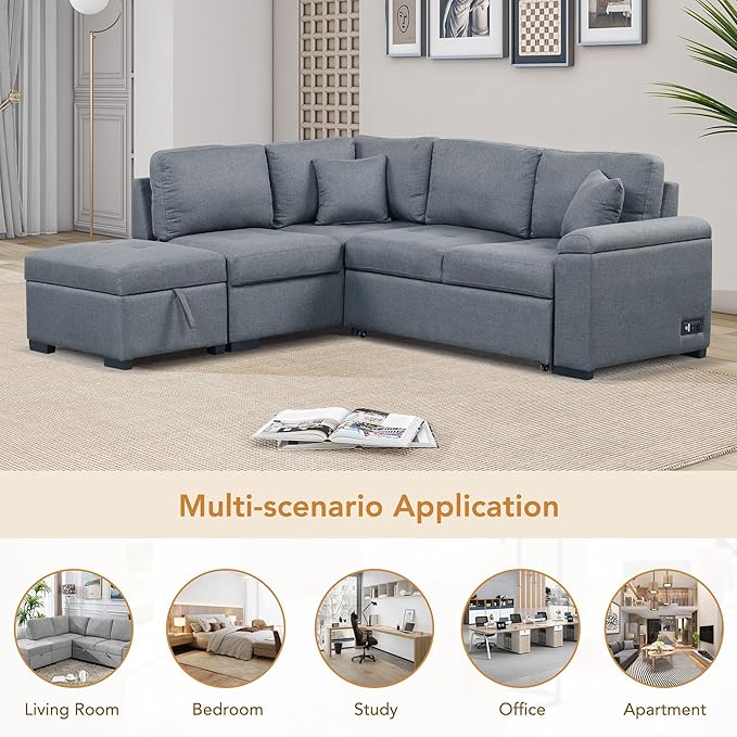 87.4“ L-Shape Sectional Sleeper Sofa with Pull out Bed Ottoman, Velvet Upholstered Couch w/Hidden Arm Storage &USB Charge, for Living Room Apartment, 87.4 Inch, Dark Gray1 - LeafyLoom