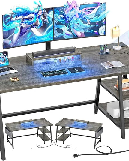 armocity Computer Desk with LED Lights, Reversible Desk with Power Outlet, 55'' Desk with Storage Shelves, Gaming Desk with Moveable Monitor Stand and Storage Bag for Home Office Workstation, Grey - LeafyLoom