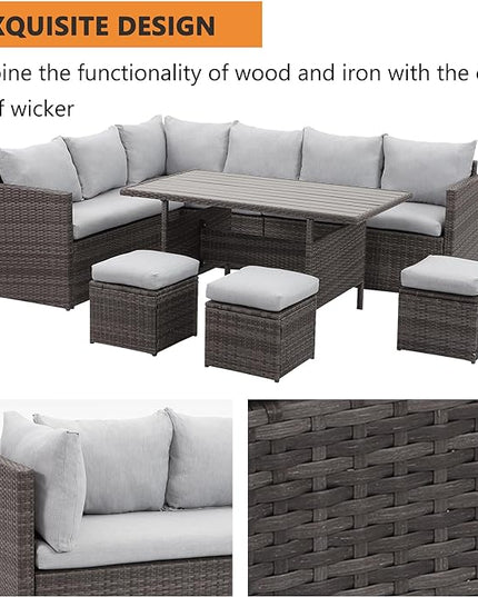 Solaste 7 Piece Patio Furniture Set, All Weather Wicker Patio Conversation Sets with Cushion Seat & Pillows, Outdoor Dining Set, Patio Furniture Outdoor Sectional, Grey - LeafyLoom