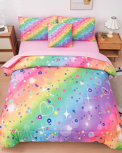 Full Size Comforter Sets for Girls, Kids Bedding Sets for Girls, Rainbow Comforter Full, 6 Pcs Bed in a Bag Girls (1Comforter, 1Flat Sheet, 1Fitted Sheet, 1 Pillow Cover, 2Pillowcases) - LeafyLoom