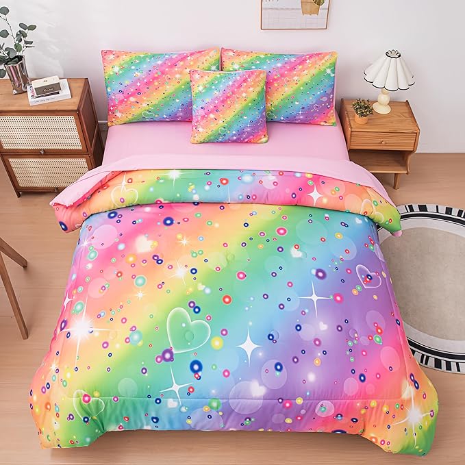 Full Size Comforter Sets for Girls, Kids Bedding Sets for Girls, Rainbow Comforter Full, 6 Pcs Bed in a Bag Girls (1Comforter, 1Flat Sheet, 1Fitted Sheet, 1 Pillow Cover, 2Pillowcases) - LeafyLoom