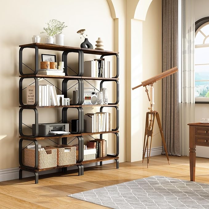 zbet 5 Tier Bookshelf, Modern Sturdy Bookcase,Industrial Metal and Wood Shelf, Tall Free Standing Book Shelf for Living Room, Bedroom, Kitchen and Home Office(Rustic Brown) - LeafyLoom