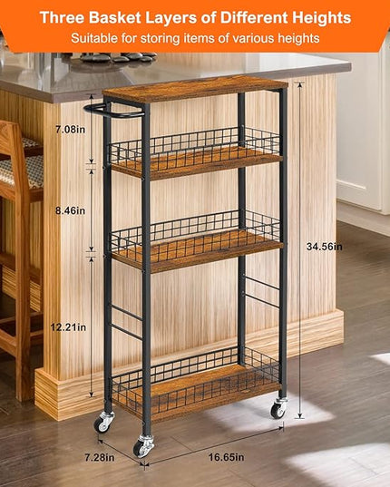 YBING Slim Storage Cart 4 Tier Kitchen Rolling Cart on Wheels Mobile Narrow Cart with Wooden Tabletop Slide Out Utility Cart for Bathroom Laundry Narrow Places Rustic Brown 16.5''L X 7.3''W X 34.6''H - LeafyLoom