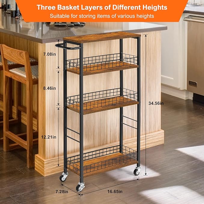 YBING Slim Storage Cart 4 Tier Kitchen Rolling Cart on Wheels Mobile Narrow Cart with Wooden Tabletop Slide Out Utility Cart for Bathroom Laundry Narrow Places Rustic Brown 16.5''L X 7.3''W X 34.6''H - LeafyLoom