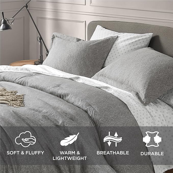 Modern Lightweight Grey Comforter Set King Size Bed, All-Season Luxury Chambray Bedding, Soft and Breathable, Including 1 Comforter and 2 Pillow Shams - LeafyLoom