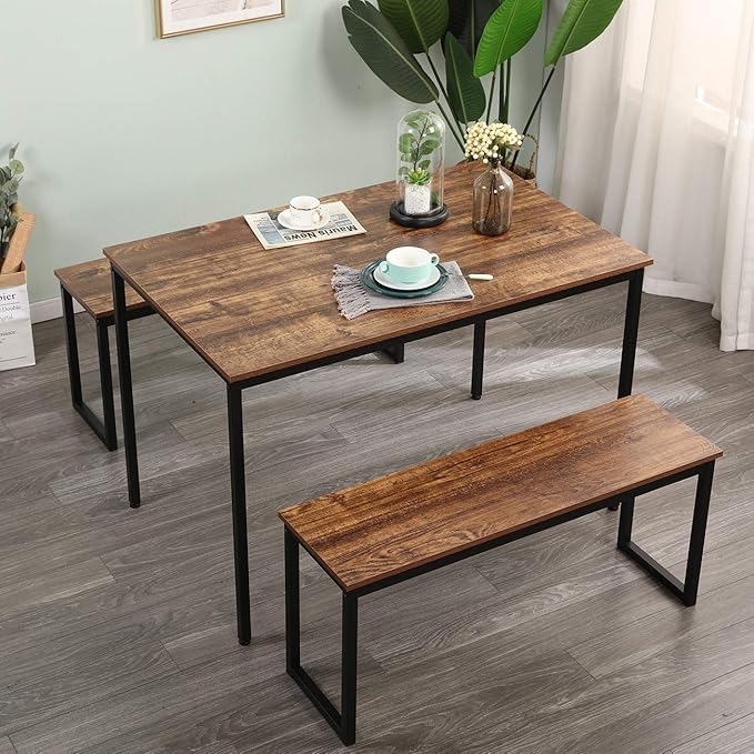 SogesGame Dining Table Set with Two benches,Kitchen Table Set for 2-4 Persons,3 Pieces Home Kitchen Breakfast Bar Set Furniture Dining Set - LeafyLoom