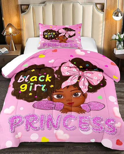 Black African American Girls Twin - Black Girls Comforter Set for Girls Bedroom Pink Princess Room Decor Kids Twin Bedding Sets for Girls, Twin (1 Comforter 1 Pillowcase) - LeafyLoom