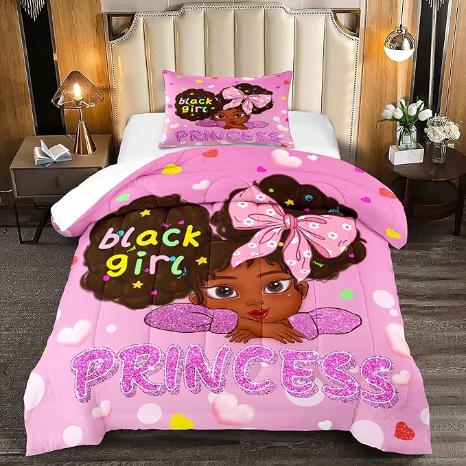 Black African American Girls Twin - Black Girls Comforter Set for Girls Bedroom Pink Princess Room Decor Kids Twin Bedding Sets for Girls, Twin (1 Comforter 1 Pillowcase) - LeafyLoom