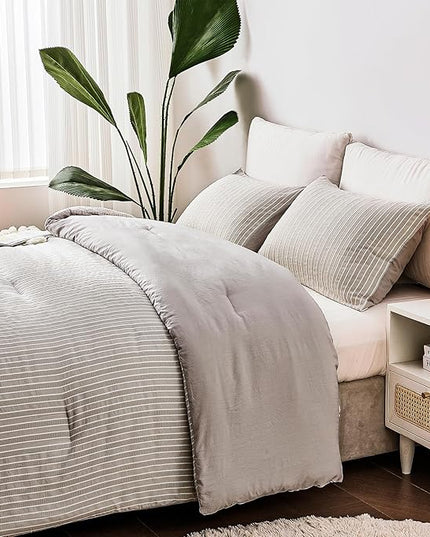 ENCOFT Light Grey Comforter Queen Size, 3 Piece White Striped Comforter for Queen Size Bed, with 2 Pillowcase, Soft Microfiber Light Weight Bedding Set with Comforter, 90" x 90" - LeafyLoom