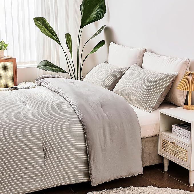 ENCOFT Light Grey King Comforter Set, 3 Piece Soft Microfiber Lightweight Bedding with Comforter, Grey and White Striped Comforter King Bed for All Seasons, with 2 Pillowcases, 104" x 90" - LeafyLoom