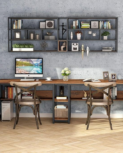 Tribesigns Two Person Desk with Bookshelf, 78.7 Computer Office Double Desk for Two Person, Rustic Writing Desk Workstation with Shelf for Home Office (Brown) - LeafyLoom