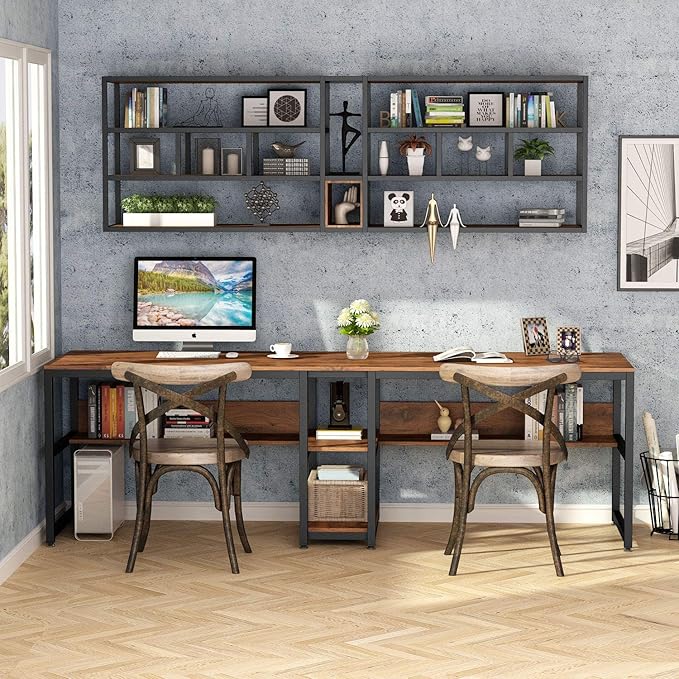Tribesigns Two Person Desk with Bookshelf, 78.7 Computer Office Double Desk for Two Person, Rustic Writing Desk Workstation with Shelf for Home Office (Brown) - LeafyLoom