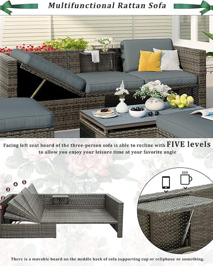 5 Pieces Patio Furniture Sets All Weather Wicker Rattan Sectional Sofa Outdoor Conversation with Adustable Backrest, Cushions, Ottomans and Lift Top Coffee Table for Poolside, Garden, Backyard - LeafyLoom