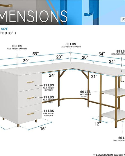 Techni Mobili L Shaped Desk - Two-Toned Computer Desk with Drawers & Storage Shelves - Simple Modern Furniture & Home Office Space Corner Table for Work & Writing - LeafyLoom