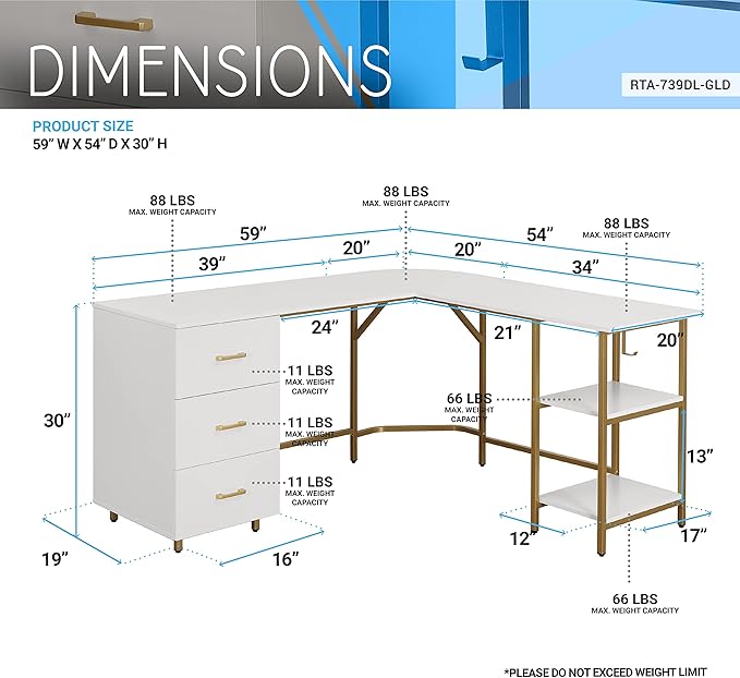 Techni Mobili L Shaped Desk - Two-Toned Computer Desk with Drawers & Storage Shelves - Simple Modern Furniture & Home Office Space Corner Table for Work & Writing - LeafyLoom