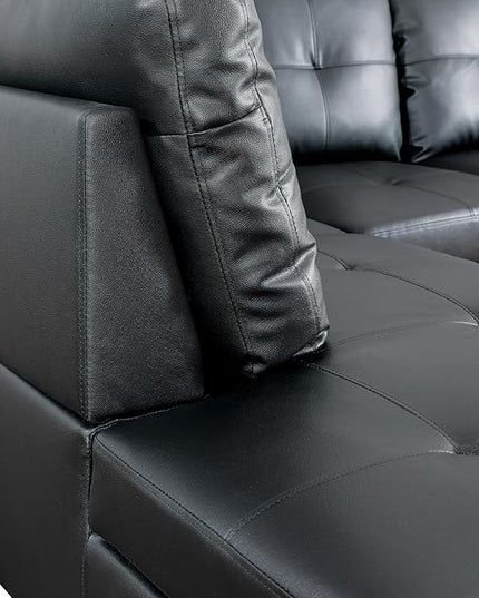 ROOMTEC Button L Shape 3 Piece Sectional Sofa Set, Upholstered Corner Couch with Storage Ottoman, Faux Leather Tufted Cushions, for Living Room, Apartment, 103inch, Black w/Left Chaise Lounge - LeafyLoom