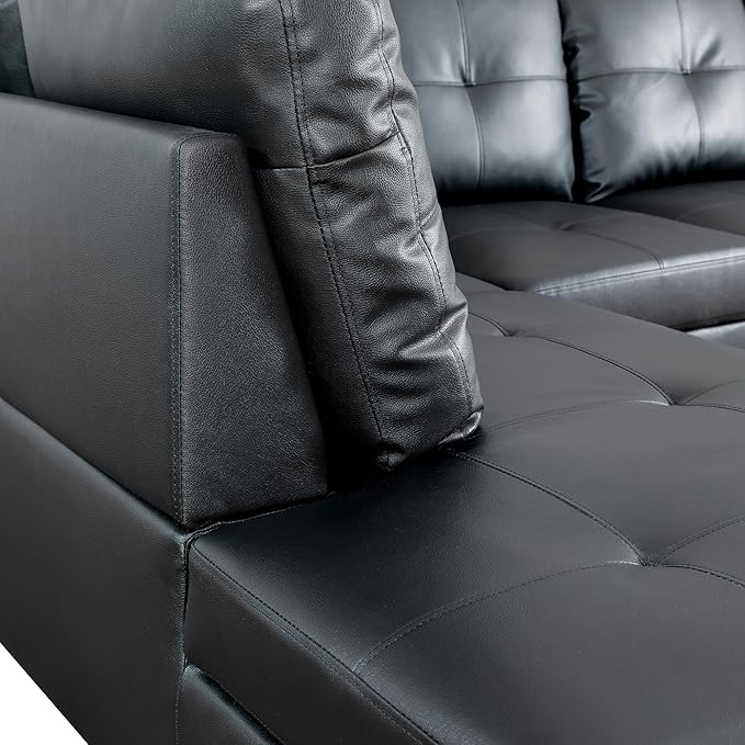 ROOMTEC Button L Shape 3 Piece Sectional Sofa Set, Upholstered Corner Couch with Storage Ottoman, Faux Leather Tufted Cushions, for Living Room, Apartment, 103inch, Black w/Left Chaise Lounge - LeafyLoom