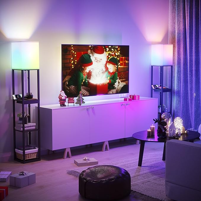 SUNMORY Floor Lamp with Shelves, RGB Light Dimmable Standing Lamp with APP Control, Tall Shelf Lamp for Living Room and Bedroom, Home Decor (Black) - LeafyLoom