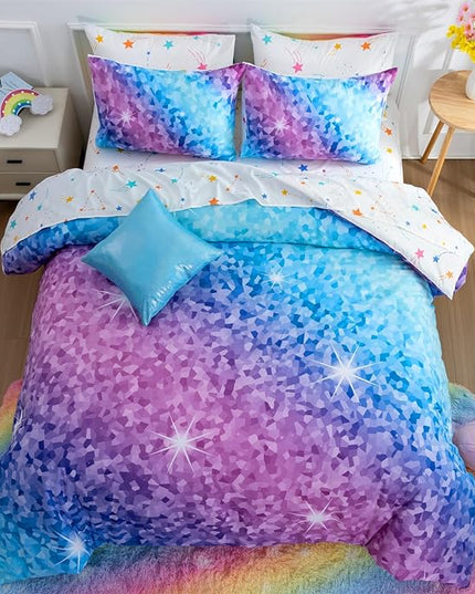 A Nice Night 6Pcs Gradient Abstract Art Grid Mosaic Geometric Bedding Set for Girls, Colorful Rainbow Galaxy Comforter Set, Ultra Soft Bedding Sets (PinkBlue,Full 6Pcs) - LeafyLoom