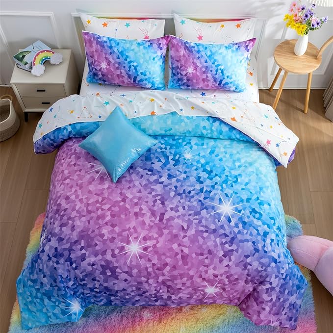 A Nice Night 6Pcs Gradient Abstract Art Grid Mosaic Geometric Bedding Set for Girls, Colorful Rainbow Galaxy Comforter Set, Ultra Soft Bedding Sets (PinkBlue,Twin 6Pcs) - LeafyLoom
