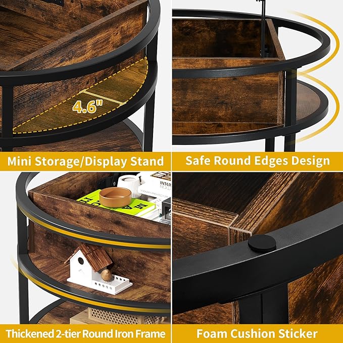 DWVO Round Coffee Tables for Living Room,Lift Top Coffee Table with Storage, Farmhouse Wood Coffee Table,Circle Coffee Tables Living Room for Home Office,Rustic Brown - LeafyLoom