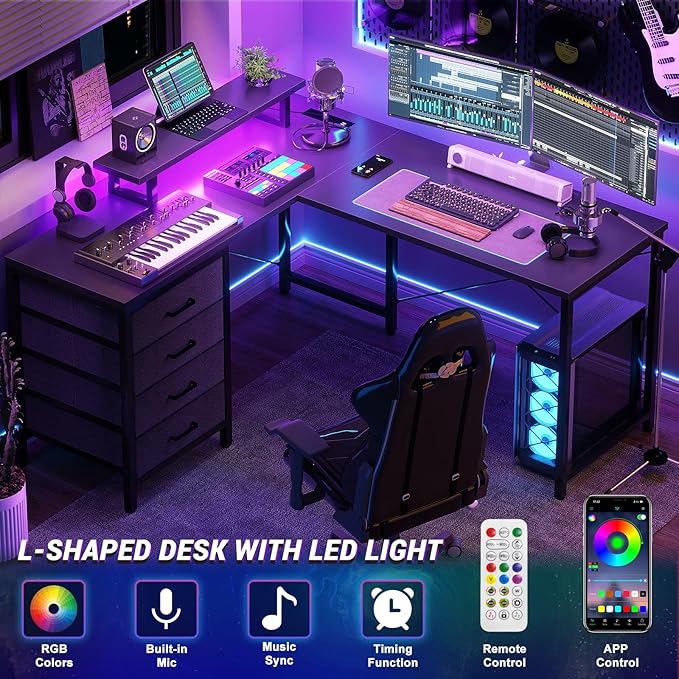 Homieasy L Shaped Desk with Drawers & Power Outlets, Reversible Computer Desk with LED Light and Monitor Stand, 50 Inch Home Office Gaming Work Study Desk with 4 Storage Drawers, Black - LeafyLoom