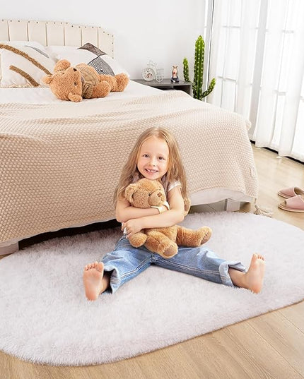 Merelax Soft Shaggy Rug for Kids Bedroom, Oval 2.6'x5.3' Cream Plush Fluffy Carpets for Living Room, Furry Carpet for Teen Girls Room, Anti-skid Fuzzy Comfy Rug for Nursery Decor Cute Baby Play Mat - LeafyLoom