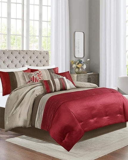 Madison Park Amherst Faux Silk Comforter Set-Casual Contemporary Design All Season Down Alternative Bedding, Matching Shams, Bedskirt, Decorative Pillows, Queen(90"x90"), Red, 7 Piece (MP10-037) - LeafyLoom