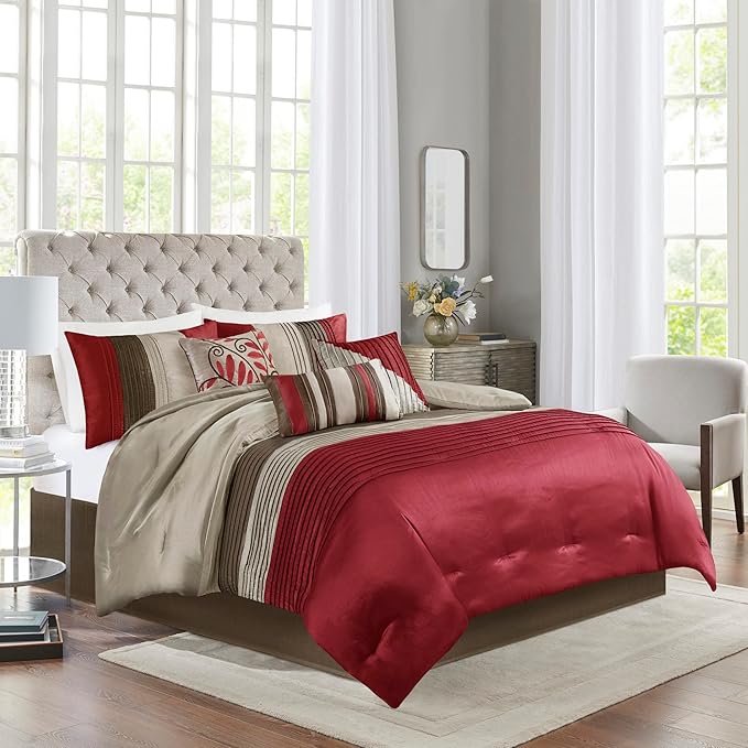 Madison Park Amherst Faux Silk Comforter Set-Casual Contemporary Design All Season Down Alternative Bedding, Matching Shams, Bedskirt, Decorative Pillows, Queen(90"x90"), Red, 7 Piece (MP10-037) - LeafyLoom