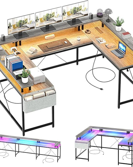 U Shaped Computer Gaming Desk, Reversible L Shaped Desk with Power Outlets, LED Strip & Monitor Stand, Large Corner Desk with Storage Shelves for Home Office, Grey Oak - LeafyLoom