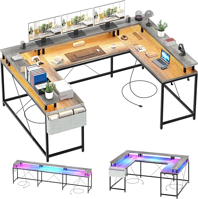 U Shaped Computer Gaming Desk, Reversible L Shaped Desk with Power Outlets, LED Strip & Monitor Stand, Large Corner Desk with Storage Shelves for Home Office, Grey Oak - LeafyLoom
