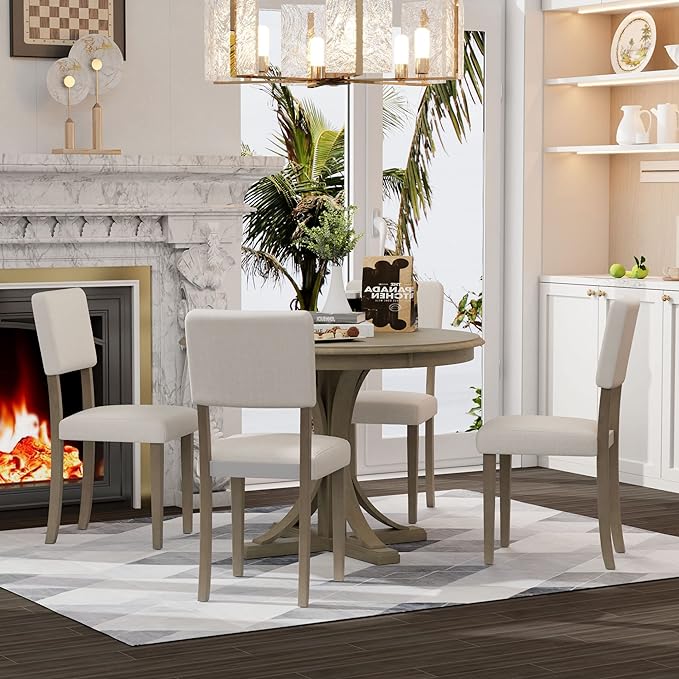 Retro Round, 5-Piece Kitchen Table Set for 4-Features Curved Trestle Legs and 4 Upholstered Chairs-Effortless Style for Your Dining Space, Taupe - LeafyLoom