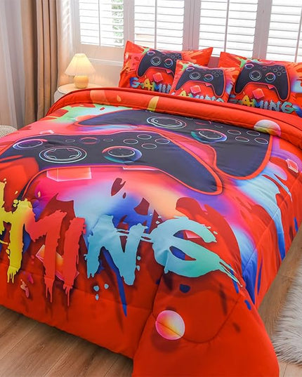 Aimuan Gaming Comforter Sets for Boys Kids Bedding Sets Video Games Console Action Buttons Novelty Colorful Game Gamepad Controller Modern Gamer Room Decor Home Quilt Set (Queen 6 Pcs,Red) - LeafyLoom