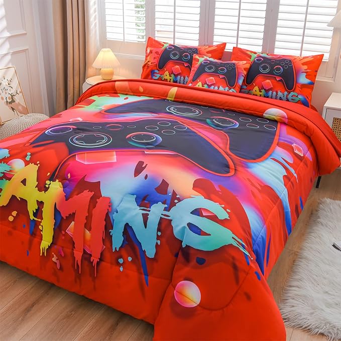 Aimuan Gamer Gaming Bedding Sets 3D Gamepad Comforter Sets for Boys Games Console Action Buttons Novelty Colorful Game Controller Modern Room Decor Home Quilt Set (Red, Full 6PCS) - LeafyLoom
