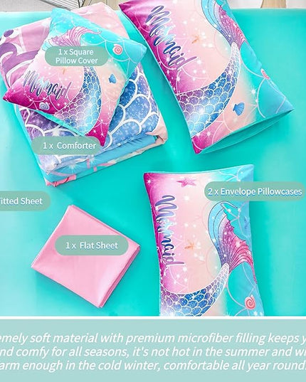 RYNGHIPY Kids Girls Comforter Set 6Pcs, Mermaid Bed in a Bag Full Size, Fish Tail Print Teens Girls Bedding Set, Rainbow Bedding Collections - LeafyLoom