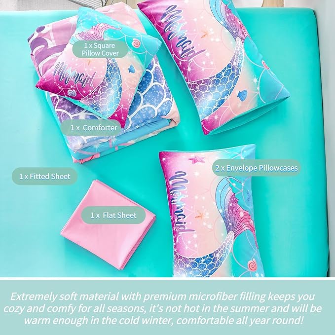 RYNGHIPY Kids Girls Comforter Set 6Pcs, Mermaid Bed in a Bag Full Size, Fish Tail Print Teens Girls Bedding Set, Rainbow Bedding Collections - LeafyLoom