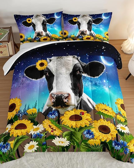 HOSIMA Cow Print Comforter Set with 2 Pillowcases,Farm Animal Theme Bedding Set Sunflower Full Size Comforter for Adults Teens Kids,Farm Starry Sky Toddler Comforter Floral Bedding Set. - LeafyLoom
