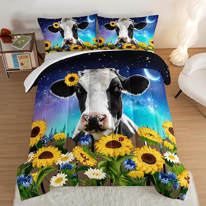 HOSIMA Cow Print Comforter with 2 Pillowcases,Farm Animal Theme Bedding Set Sunflower Twin Bed in a Bag Sets for Adults Teens Kids,Farm Starry Sky Toddler Comforter Floral Bedding Set. - LeafyLoom