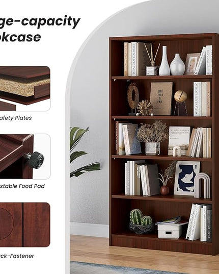 Farini 5 shelf boockase Display Bookcase Freestanding Wooden Bookshelves for Home Office Living Room,60 Inch Height,Cherry - LeafyLoom