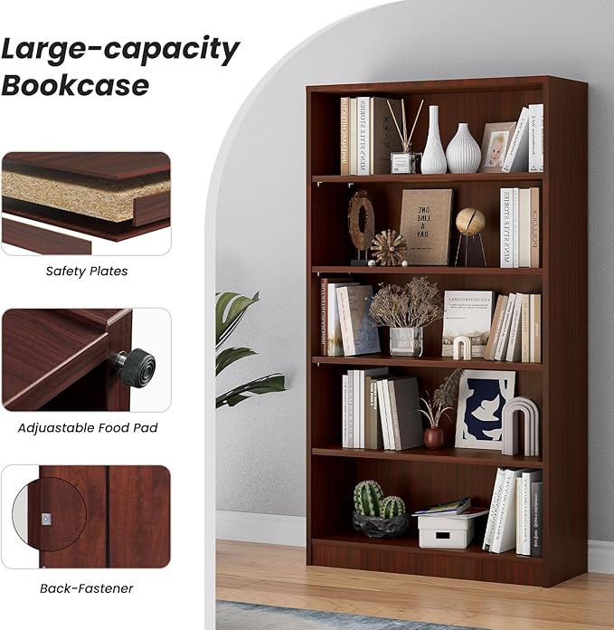 Farini 5 shelf boockase Display Bookcase Freestanding Wooden Bookshelves for Home Office Living Room,60 Inch Height,Cherry - LeafyLoom