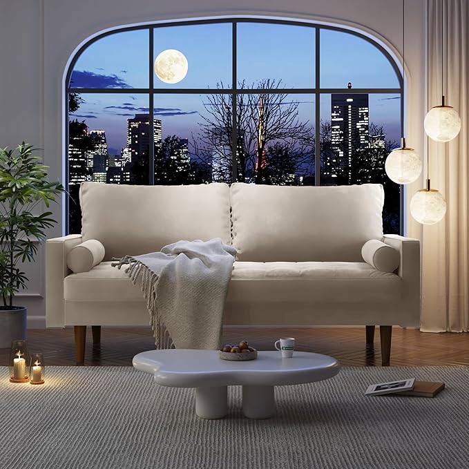 Velvet Furniture for Small Spaces, Mid-Century Modern Loveseats for Living Room, Love Seat Couch Sofas, 70 Inches, Beige - LeafyLoom