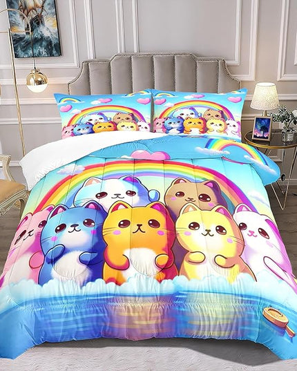 Rainbow Cat Comforter Full Size - Rainbow Cat Bedding for Girls Room Cute Cartoon Rainbow Bedding Full Comforter Sets for Kids, 1 Comforter+2 Pillowcases - LeafyLoom