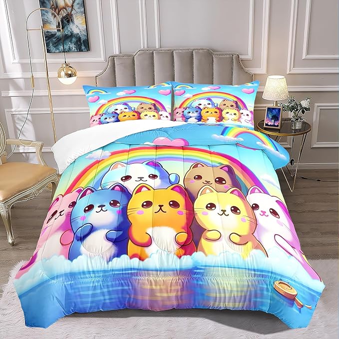 Rainbow Cat Comforter Full Size - Rainbow Cat Bedding for Girls Room Cute Cartoon Rainbow Bedding Full Comforter Sets for Kids, 1 Comforter+2 Pillowcases - LeafyLoom