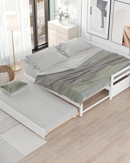 Wooden Extendable Daybed, Twin to King Daybed Frame with Trundle, Extending Sofa Bed for Living Room Bedroom Guest Room, White - LeafyLoom