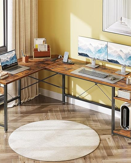 Coleshome L Shaped Computer Desk 66" with Power Outlet & Storage Shelves, Corner Sturdy Writing Desk Workstation, Modern Wooden Office Gaming Desk, Wood & Metal, Vintage - LeafyLoom
