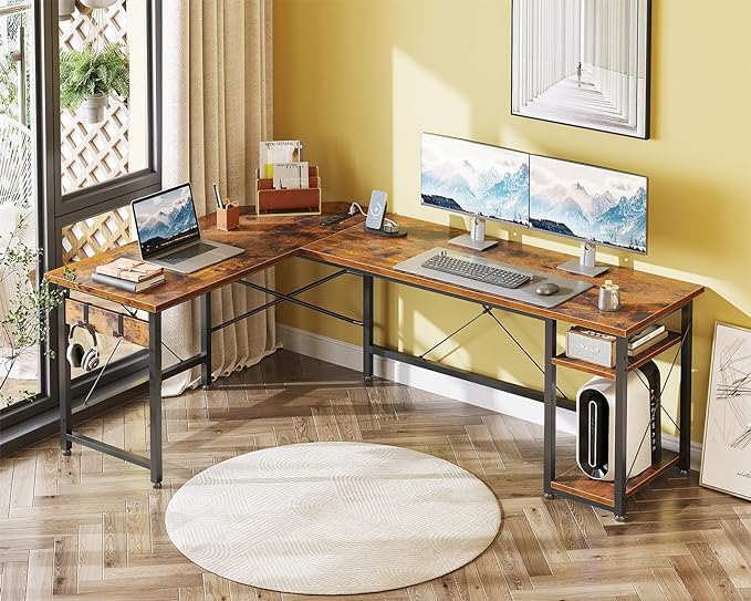 Coleshome L Shaped Computer Desk 66" with Power Outlet & Storage Shelves, Corner Sturdy Writing Desk Workstation, Modern Wooden Office Gaming Desk, Wood & Metal, Vintage - LeafyLoom