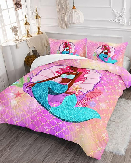 Datura home Bedding Comforter Set Black Girl Magic Mermaid Printed Pattern Quilt with 1 and 2 Pillowcases for Girls Bedroom All Season(Black Pink Queen) Queen 90x90inches - LeafyLoom