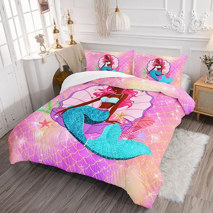 Datura home Bedding Comforter Set Black Girl Magic Mermaid Printed Pattern Quilt with 1 and 2 Pillowcases for Girls Bedroom All Season(Black Pink Full) Full 80x90inches - LeafyLoom