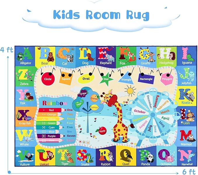 Kids Playroom Rug 4x6 Blue Rugs for Boys Girls Bedroom Child Play Mat Educational and Fun Baby Care Rugs,Learning Rug with ABC Alphabets Animals Shapes No-Slip Carpets for Children Toddler Washable - LeafyLoom